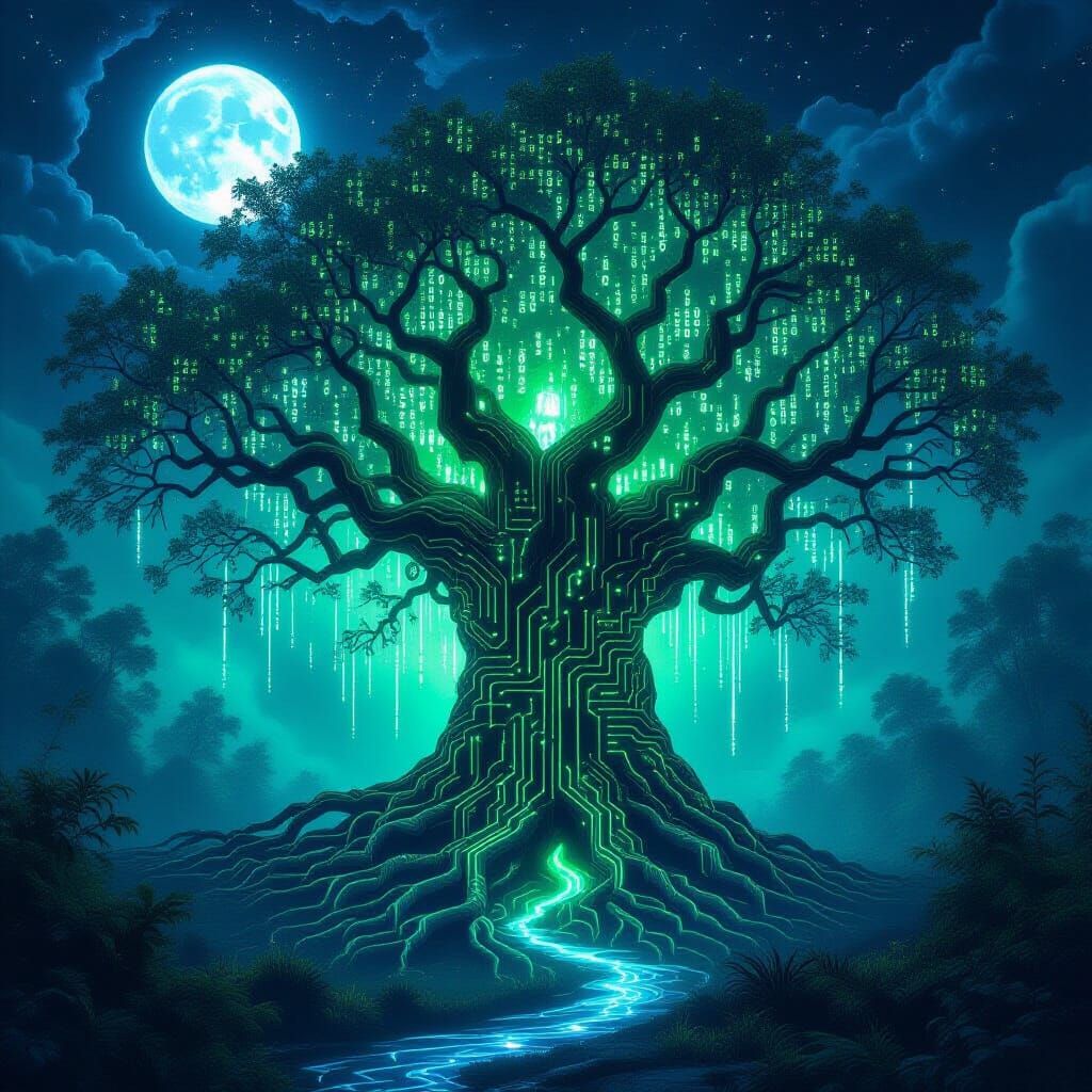 Ancient Tree with Circuit Bark and Binary Code Leaves