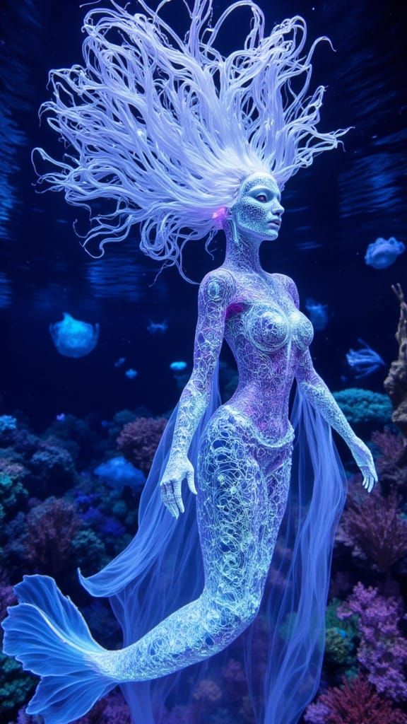 Bioluminescent Mermaid in Aquapunk Fantasy Reef
