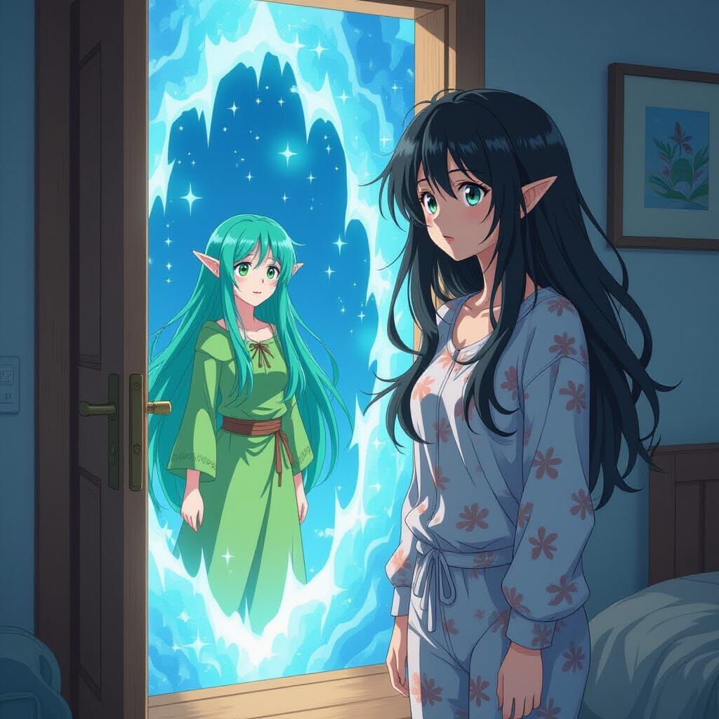 Woman Opens Door to Fantasy Portal with Elf