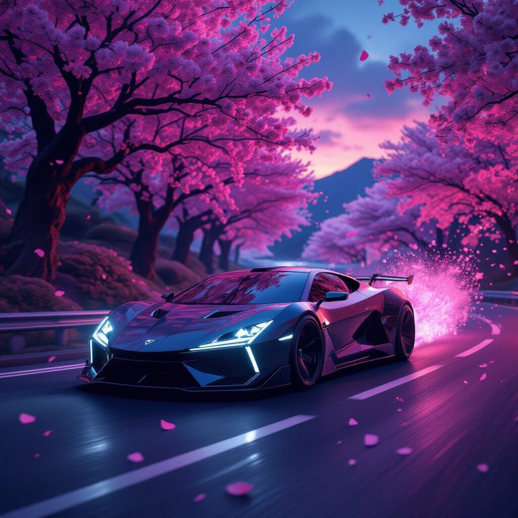 Phonk Car Speeds Through Sakura Road