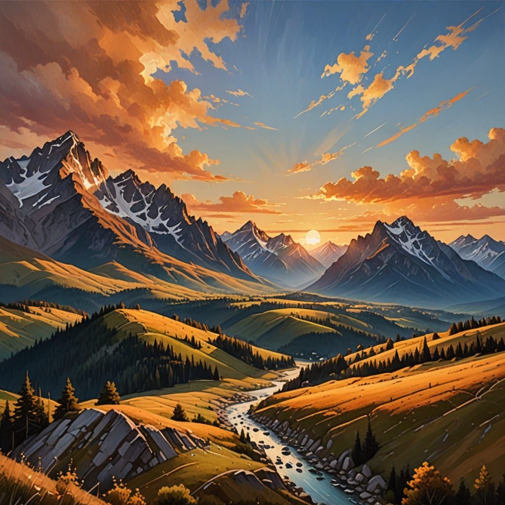 Spectacular Mountain Range Sunset in Oil Painting Style