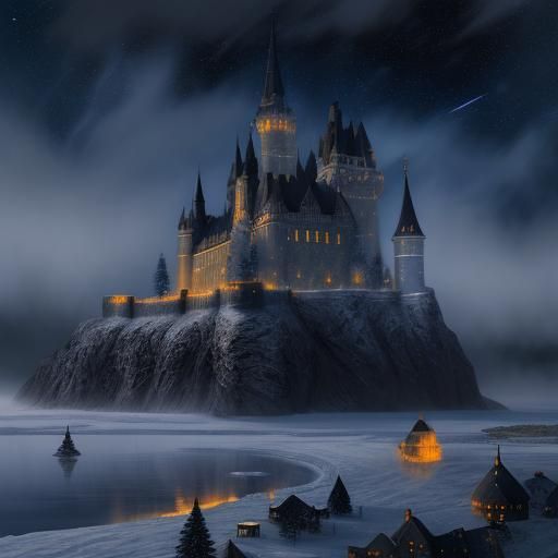 Black Castle in Tundra Under Starry Night