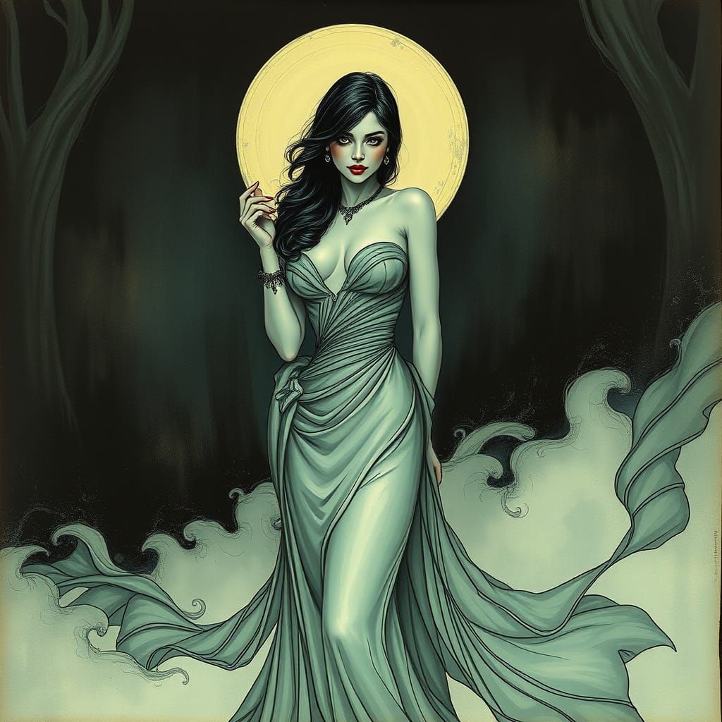 Dreamlike Woman in Elegant Attire, Symbolic Art