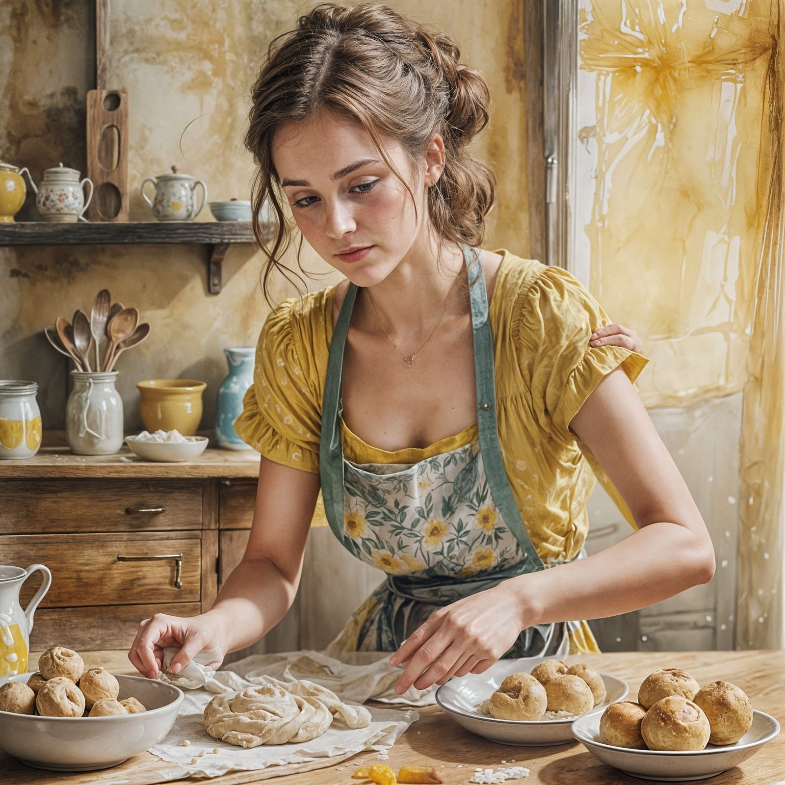 Young Woman Kneading Dough in Yellow Dress