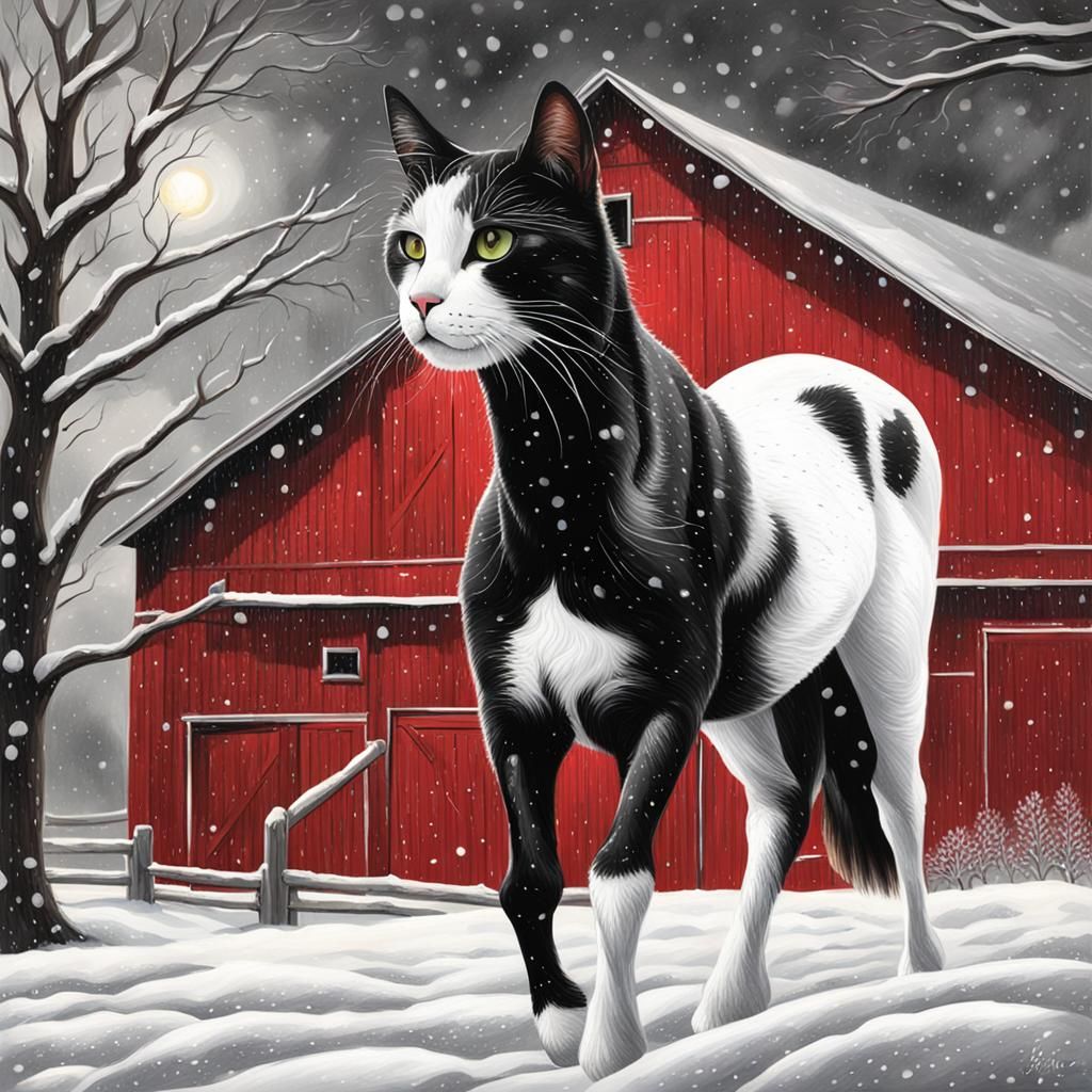 Hyperrealistic Cat and Horse in Snowy Barnyard