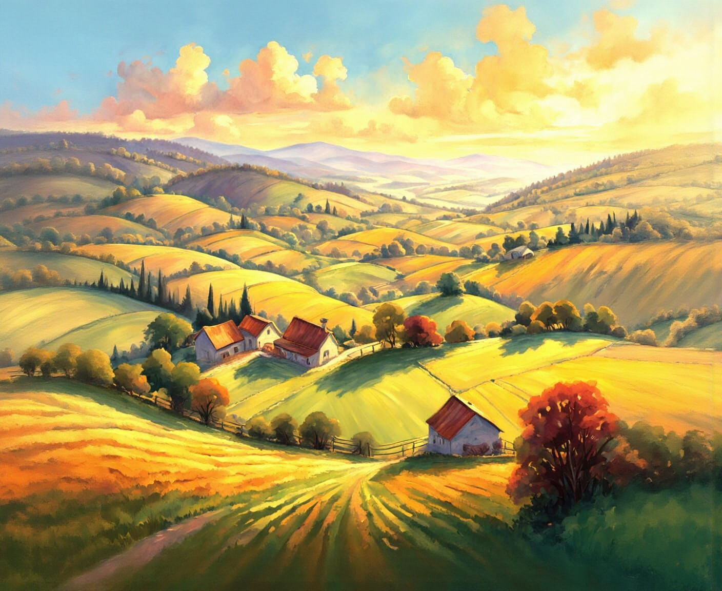 Lush Green Fields: A Watercolor Countryside Landscape