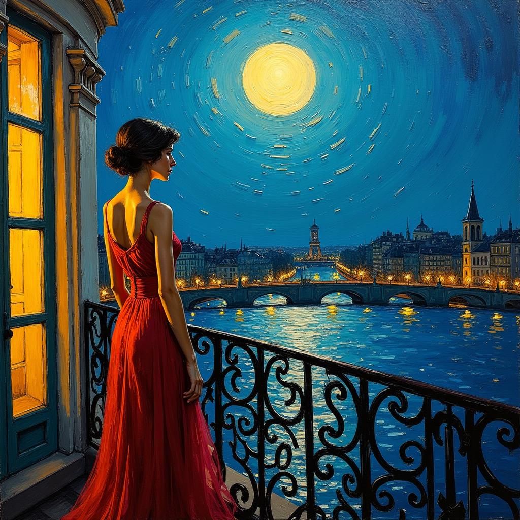 Moonlit Balcony in Paris: Expressionist Impasto Painting