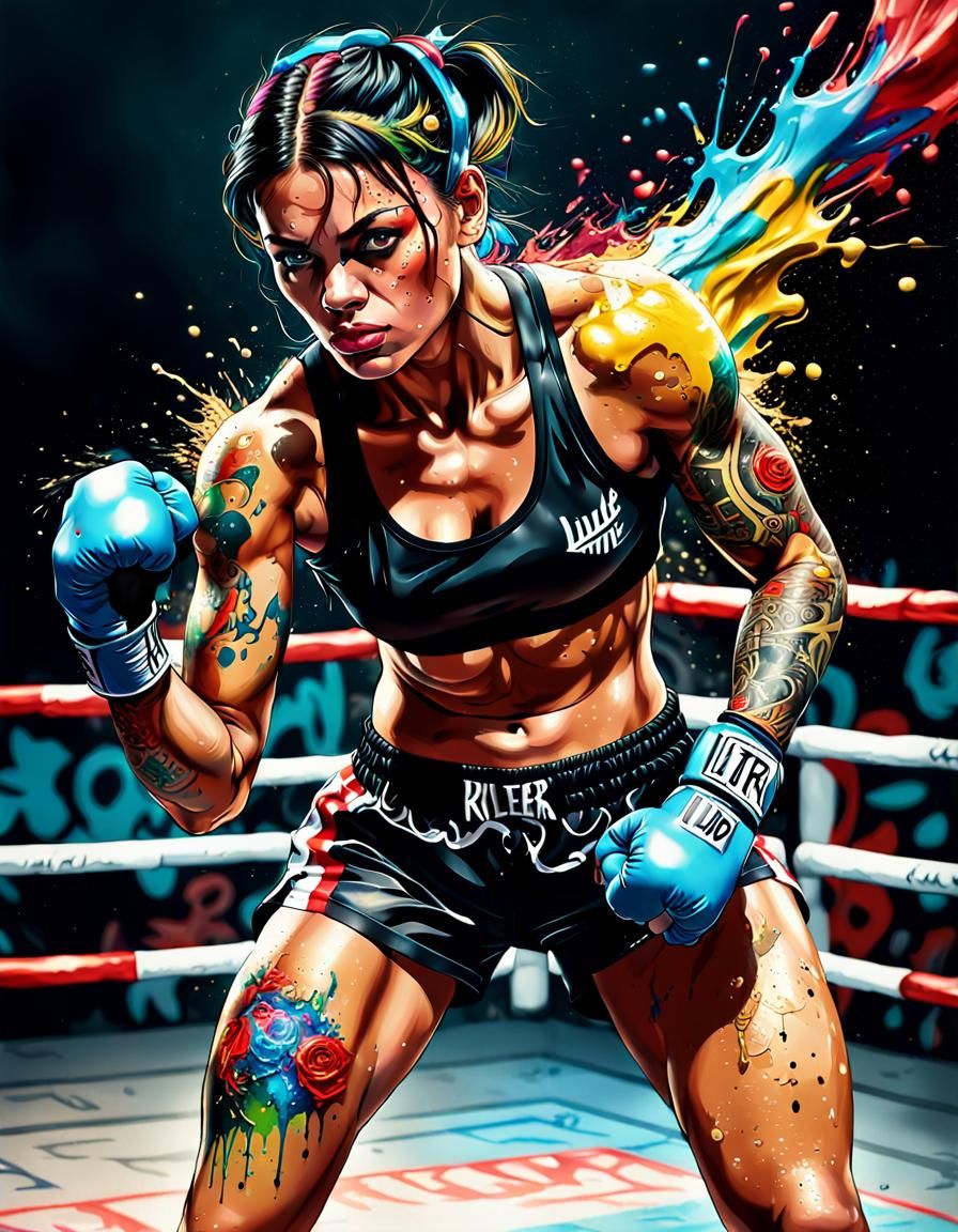 Female Boxer with Graffiti Tattoos in Mixed Media Style