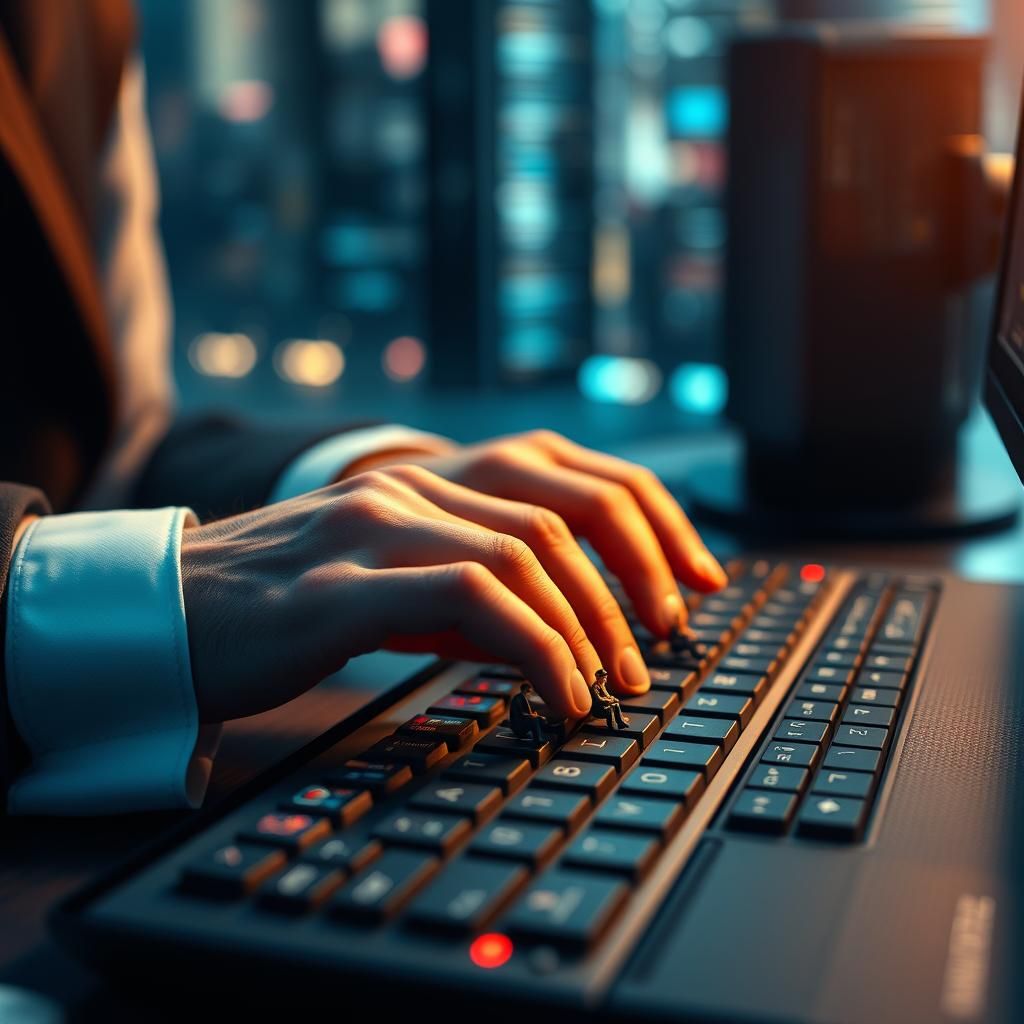 Miniature People Assisting Businessman with Computer
