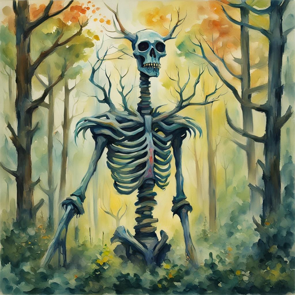 Siren Head in Forest, Gouache Style