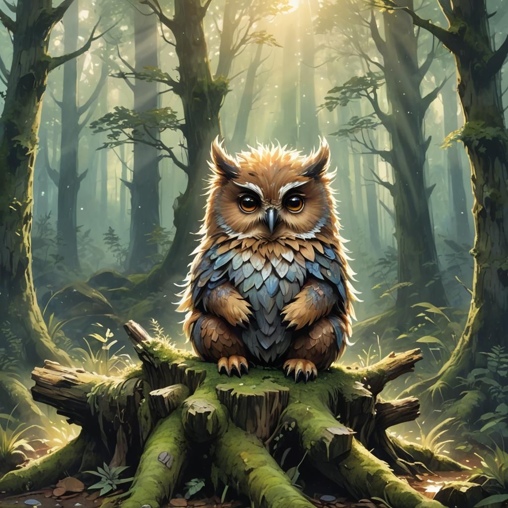 Baby Owlbear in Misty Forest: Anime Style