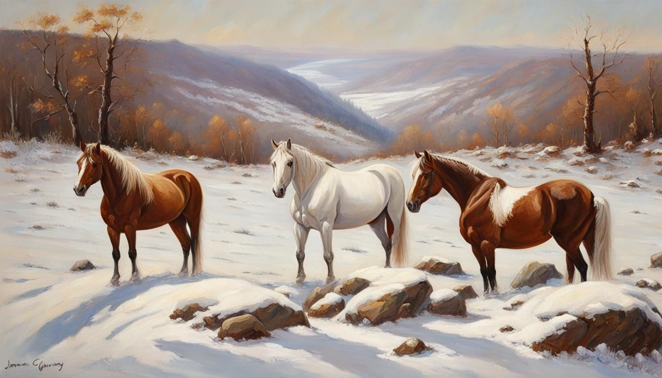 Horses in Snowy Stone Landscape, Oil Painting