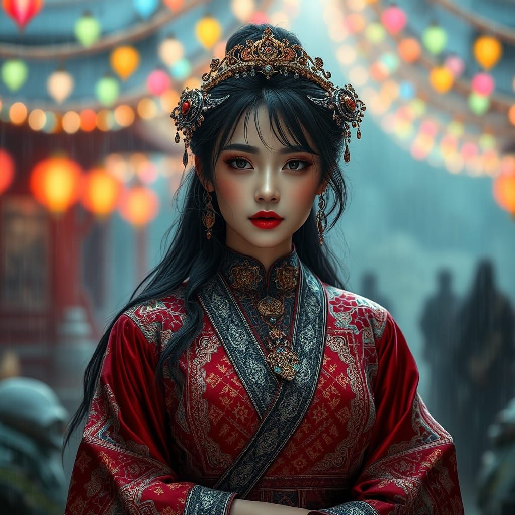 Beautiful Necromancer in Opulent, Rainy Landscape