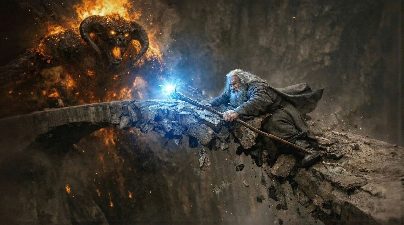 Gandalf Battles Balrog on Crumbling Bridge