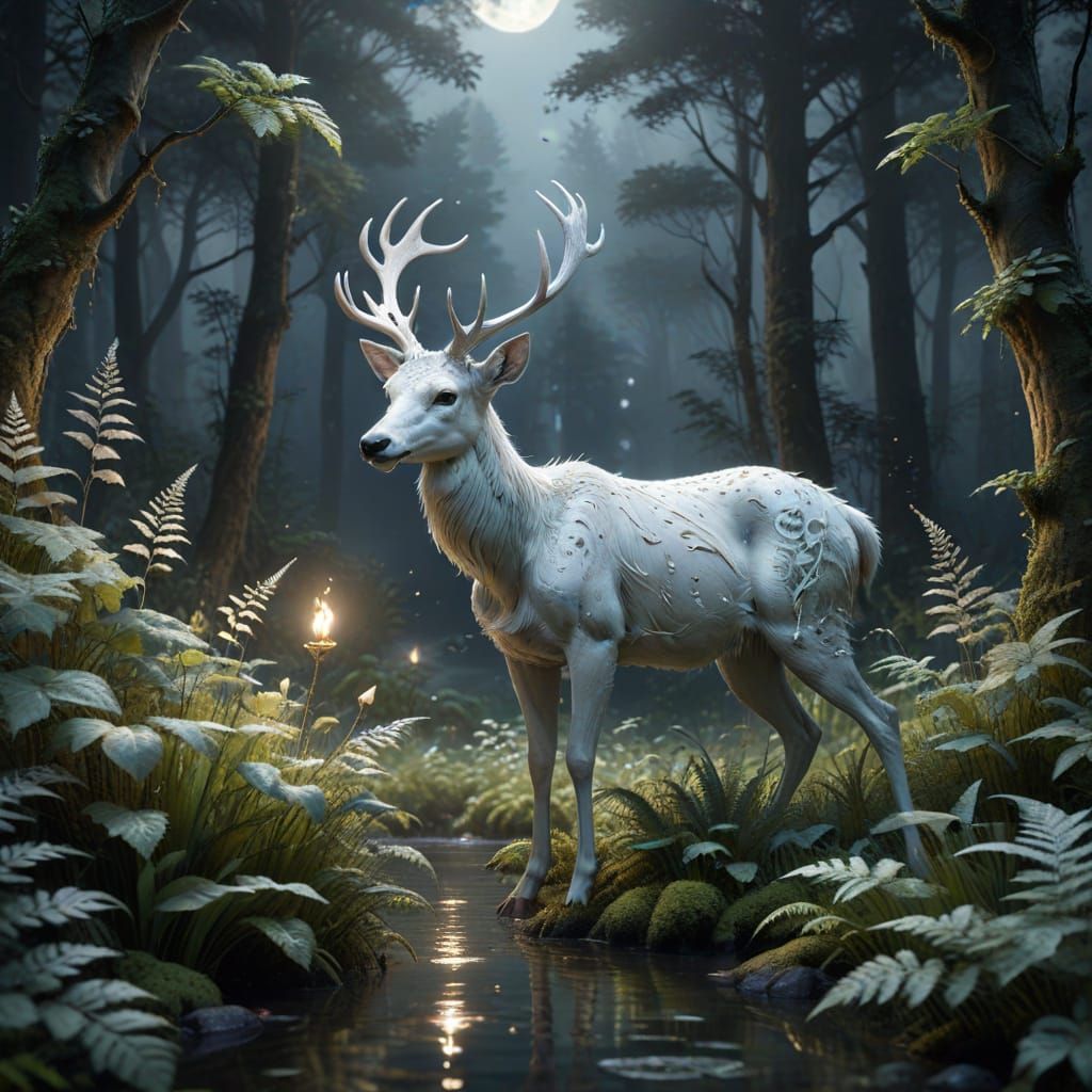 Ethereal White Deer in Moonlit Japanese Forest