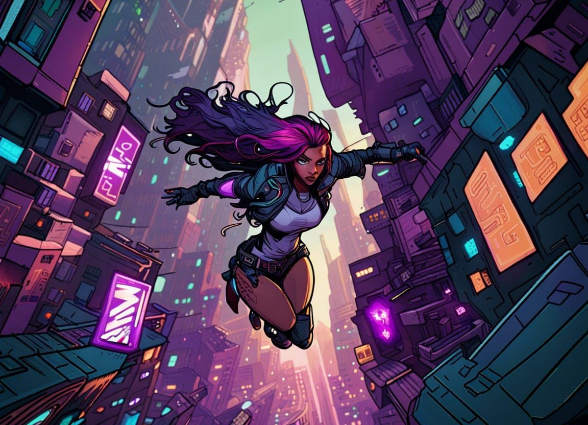 Starfire Flies Through a Cyberpunk City