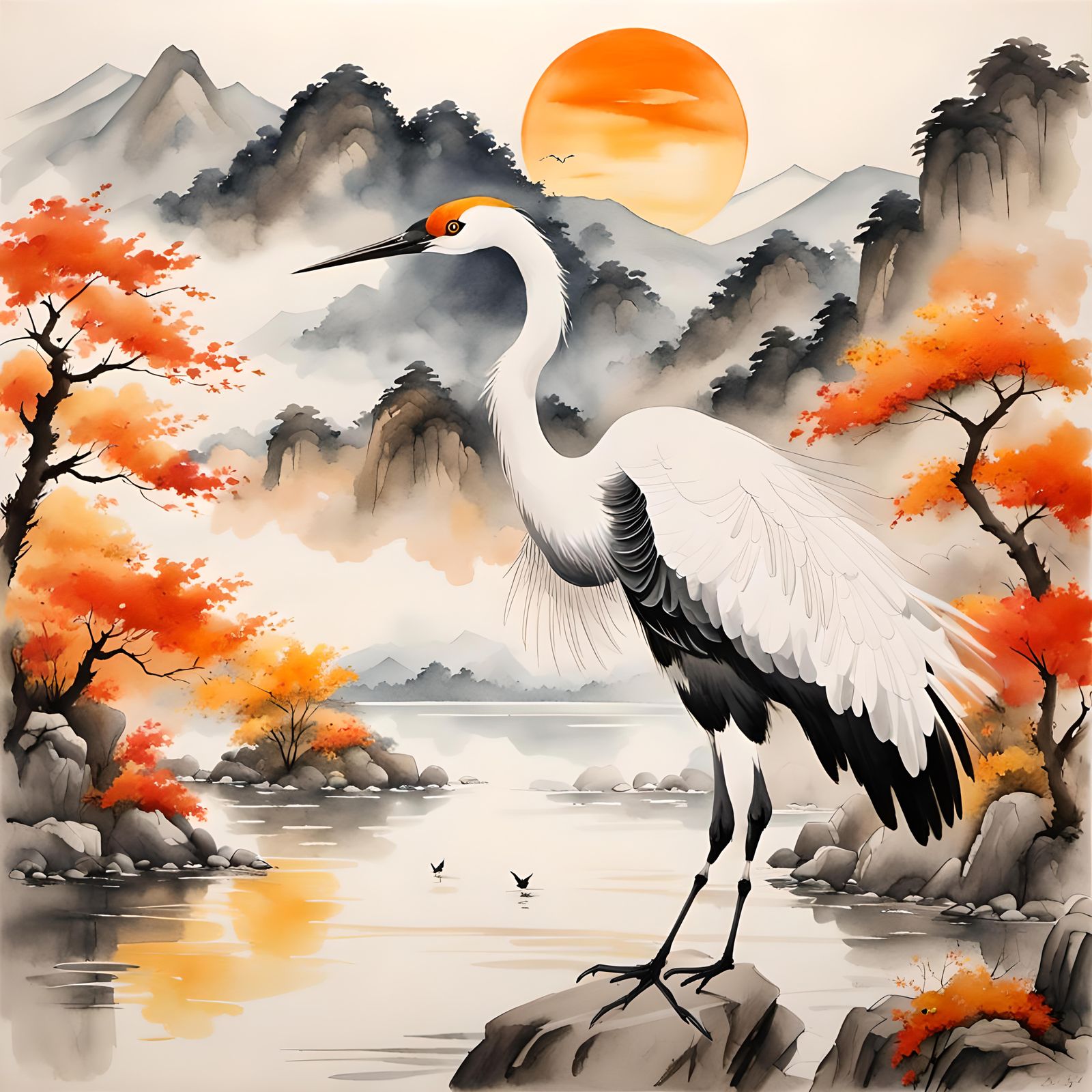Crane in Watercolor with Autumn Landscape
