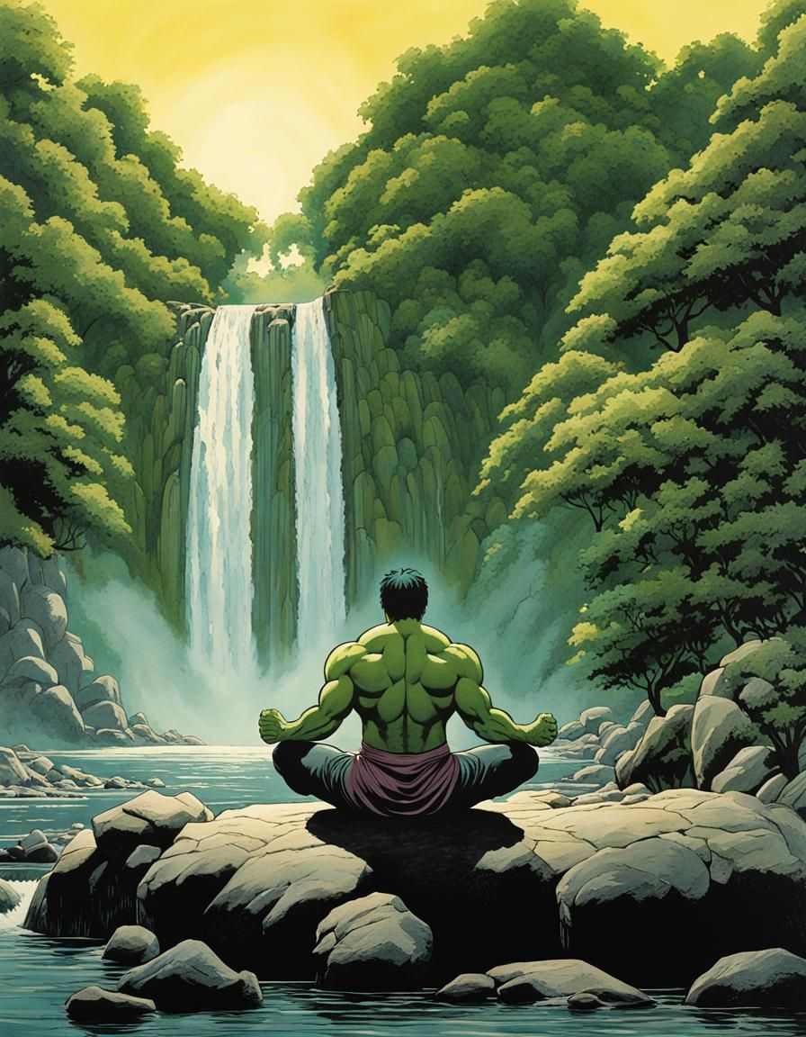 Hulk Meditating by Waterfall in Comic Book Style