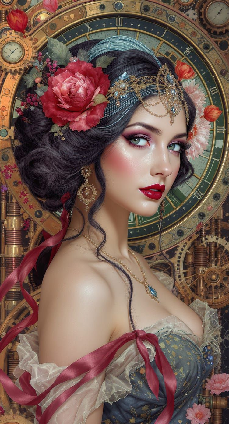Dreaming Woman Portrait in Steampunk Art Nouveau Style