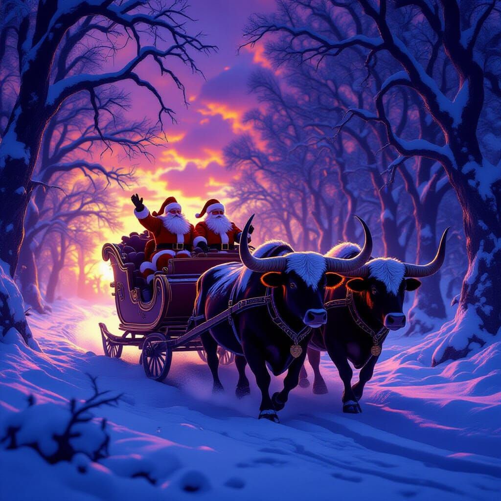 Cowboy Santa in Mystical Forest with Longhorn Steers