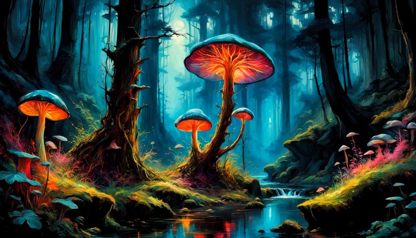 Surreal Landscape of Bioluminescent Mushrooms in a Dreamlike...