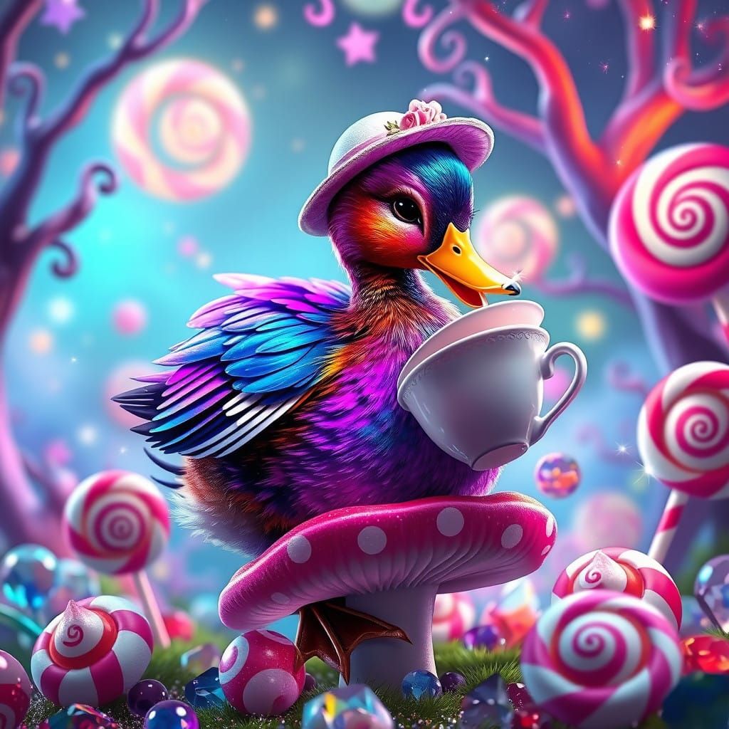 Vibrant Duck in Whimsical Candyland Landscape