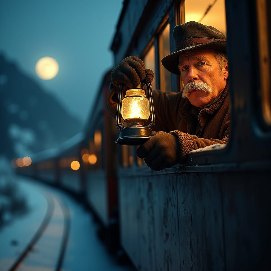 Veteran Train Conductor Waves Lantern on Speeding Steam Loco...