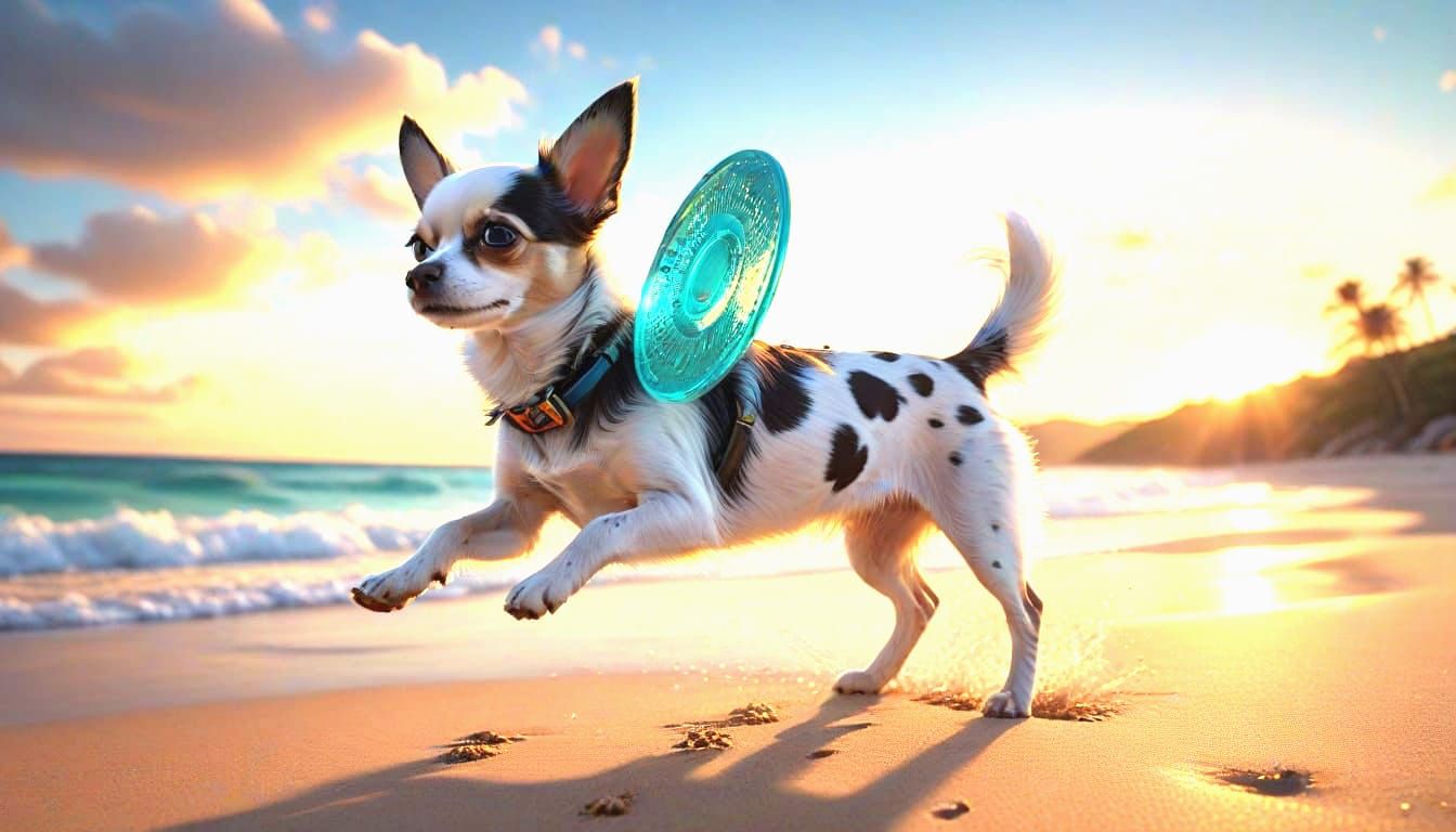 Chihuahua in Mid-Air Catching a Frisbee on a Tropical Beach