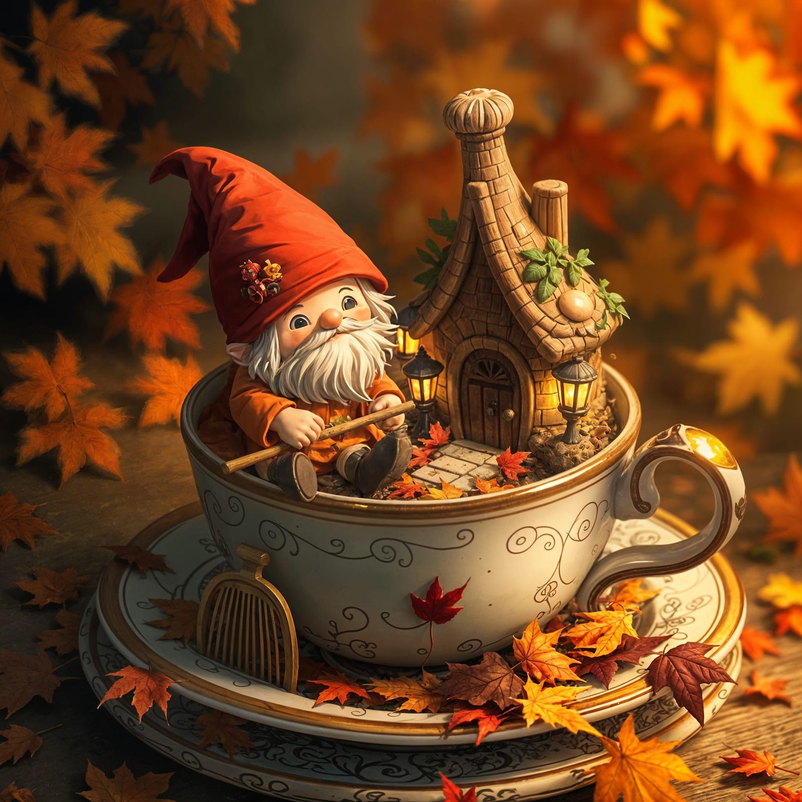 Gnome Raking Autumn Leaves in Teacup, Anime Style