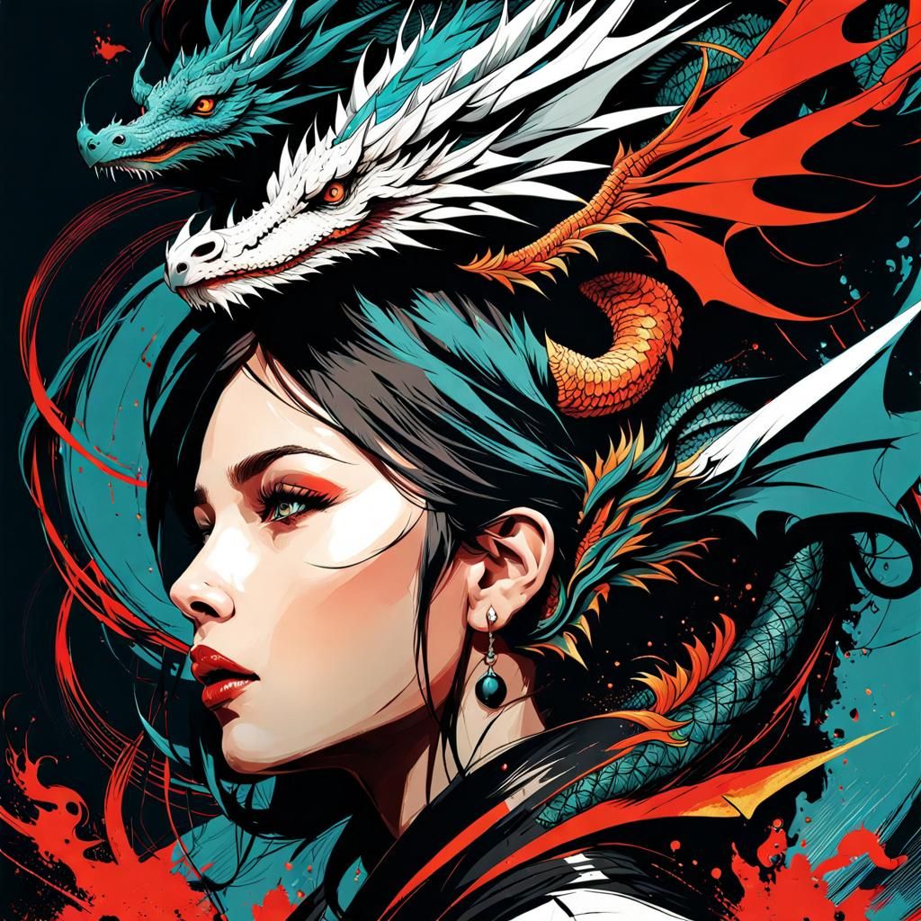 Dragon and Woman in Mixed-Media Masterpiece