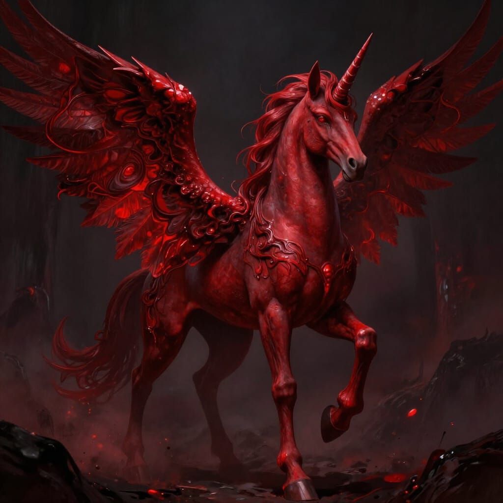Crimson Alicorn With Blood Wings In Dark Fantasy Style