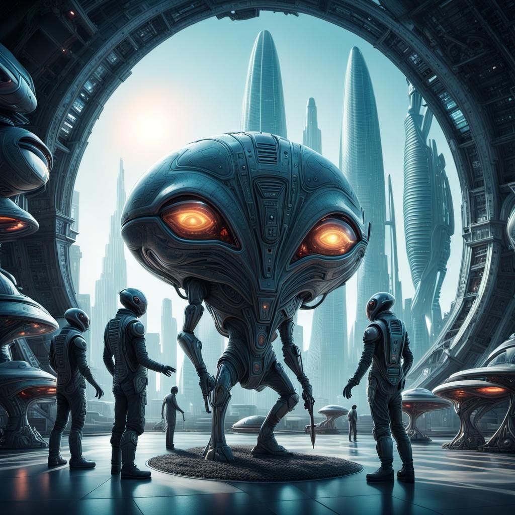 Anthropomorphic Aliens Working With Man in Futuristic City