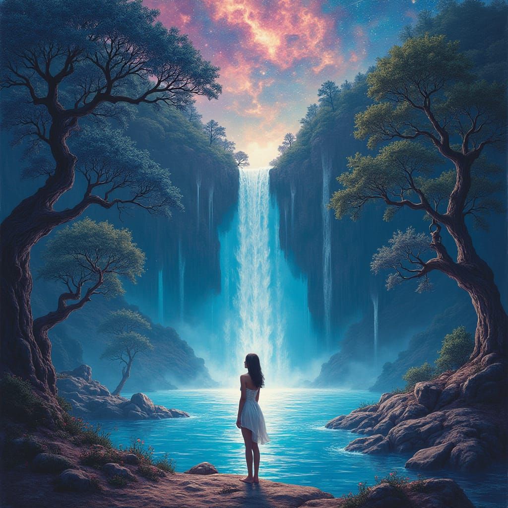 Shimmering Oasis with Silver Waterfall and Starlight Pool