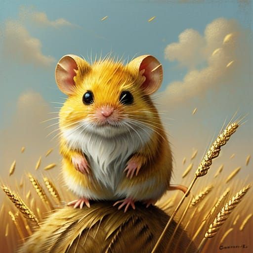 Adorable Golden Harvest Mouse on Wheat Ear