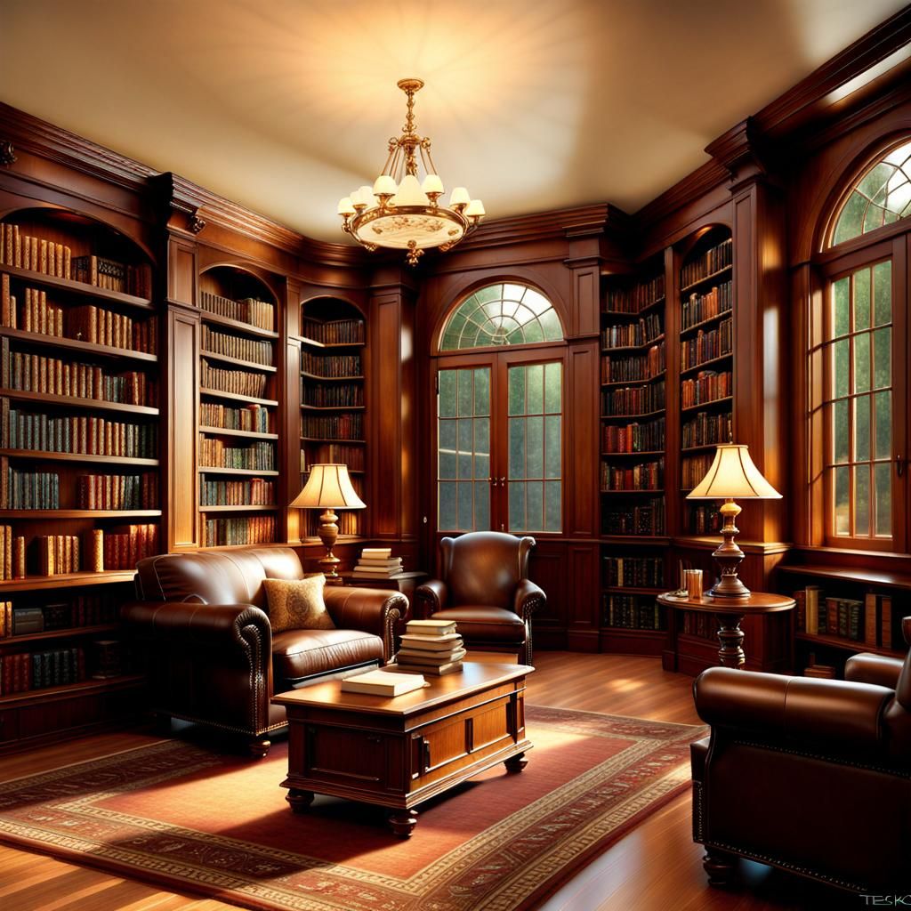 Cozy Home Library in Kinkade Style