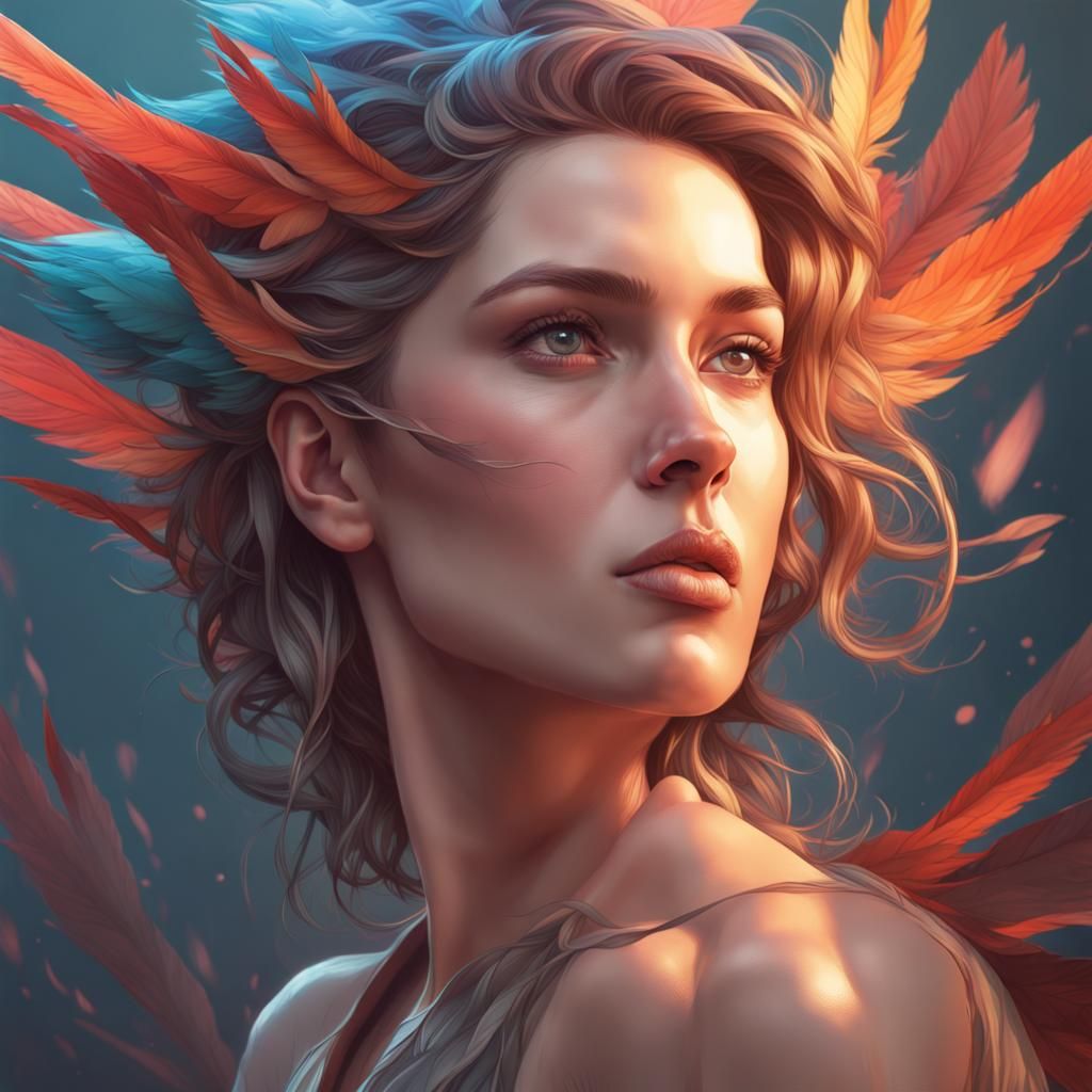 Woman Transforms to Bird: Hyperdetailed Art Nouveau Portrait