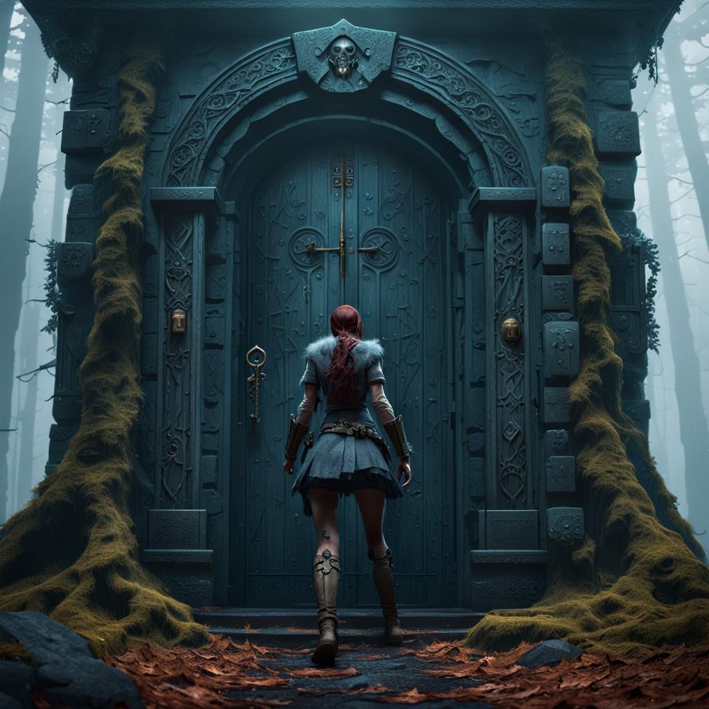 Girl Opens Magical Door in Forest: Fantasy Art