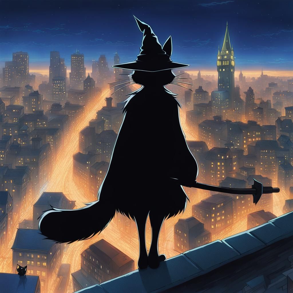 Glittery Witch Cat Flying Over City: Anime Style