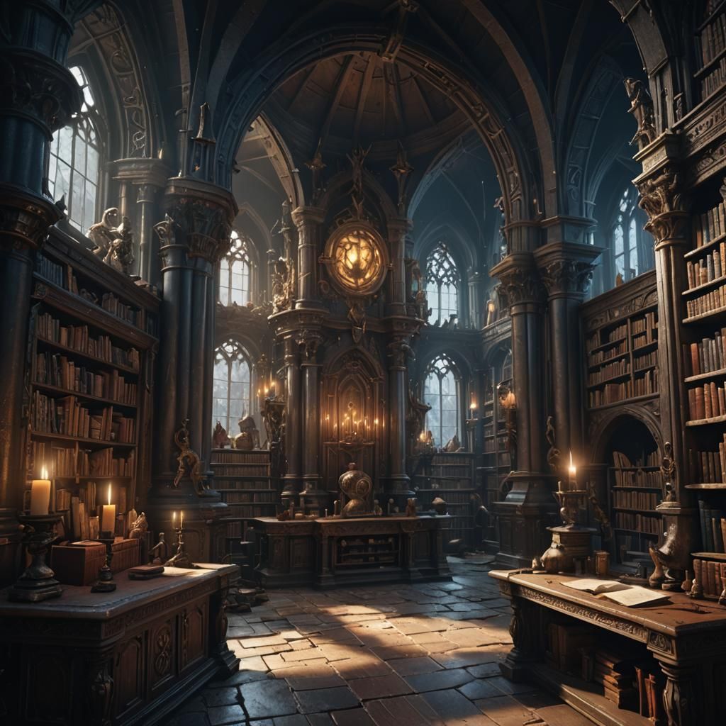 Fantastical Wizardry Library in Dark Fantasy Style