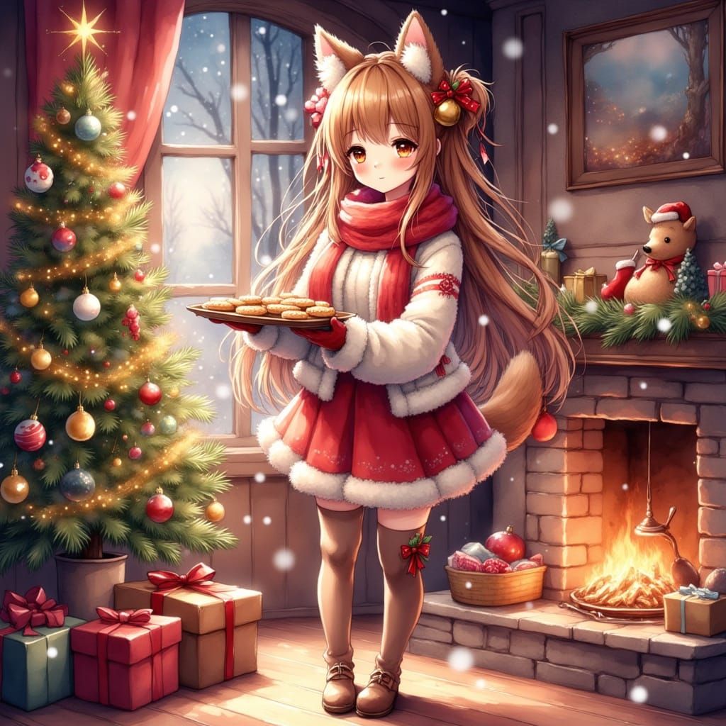 Cozy Anime Girl with Christmas Cookies in Festive Living Roo...