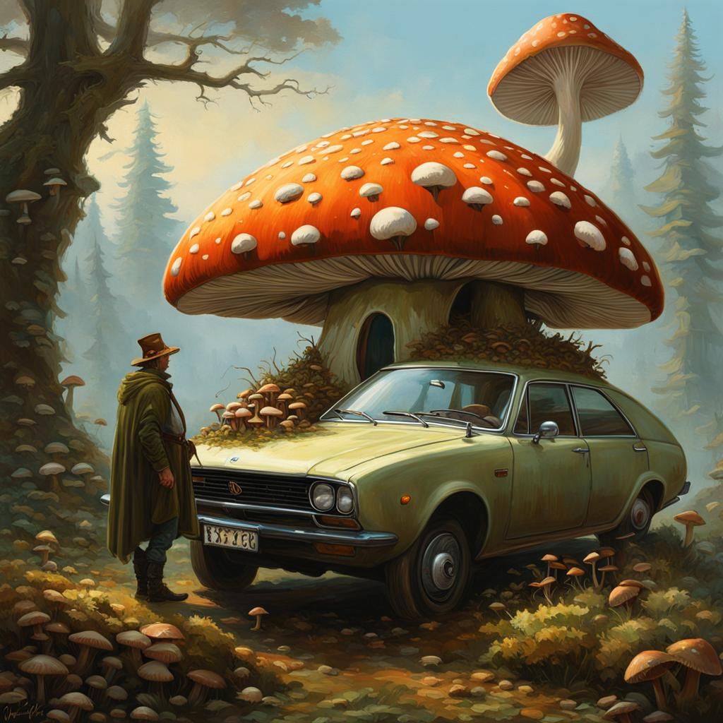 Mushroom Man and Fungimobile, Hyperdetailed 8k