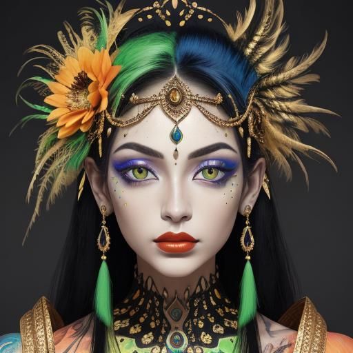 Abstract Gold Woman with Peacock Feathers, Impasto Art