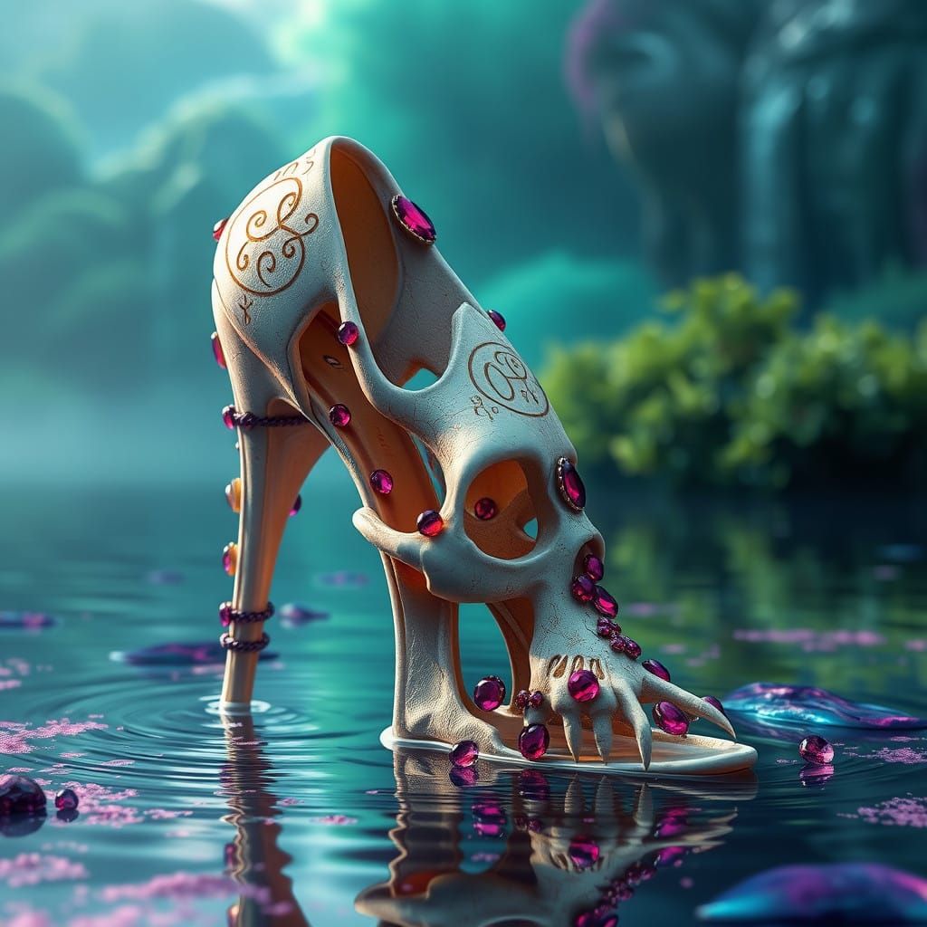 Skull Stiletto Heels in Mystical Lake with Rubies and Runes