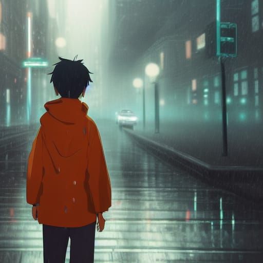 Cyberpunk Cityscape: Anime Style Rain Scene