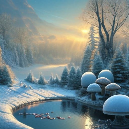 Magical Frozen Lake with Snowy Mushrooms