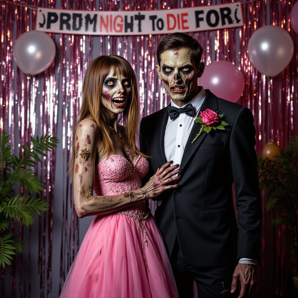 A campy, darkly funny prom photo session featuring a zombie ...