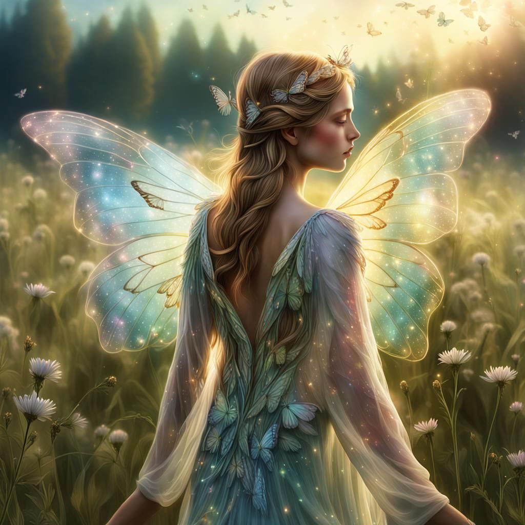 Angel in Meadow with Butterfly Wings, Digital Art