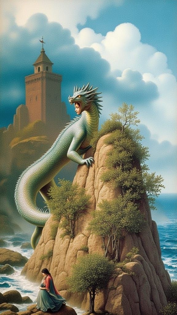 Colossal Dragon Rises from Sea to Ancient Castle