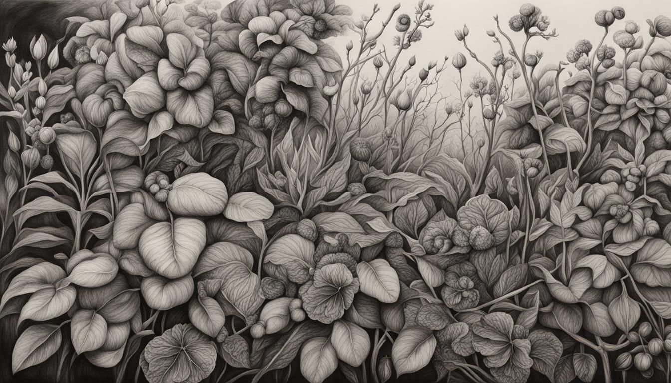 Hyperdetailed Botanical Charcoal Ink Drawing