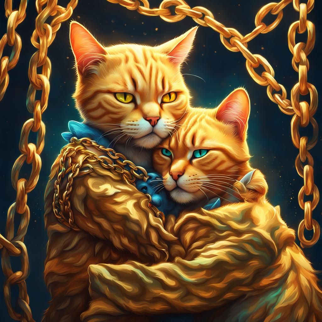 Gold Cat Crying and Hugging Friend: Hyperrealistic Art
